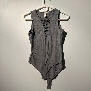 Gray Lace-Up Stretchy Bodysuit